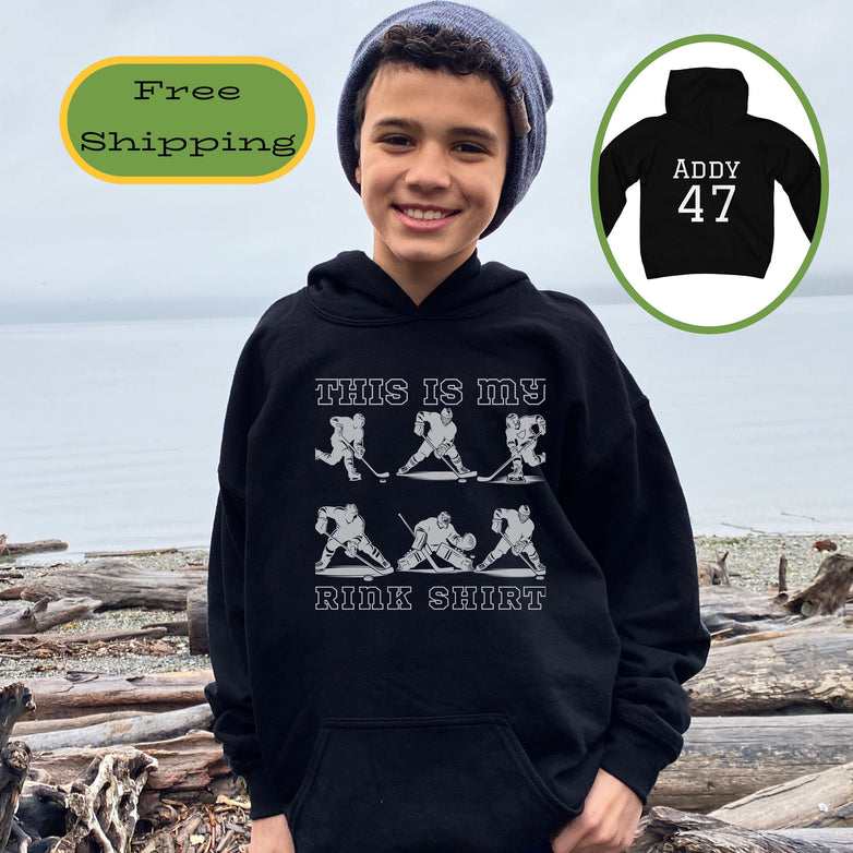 Personalized Hockey Kids Hoodie, Hockey Player Gift, Youth Hoodie for Hockey Lover, This is my Rink Shirt Sweater, Words on Back Hoodie