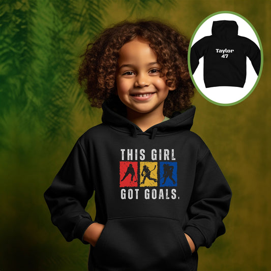 Personalized Girls Hockey Shirt, Youth Girls Hockey Hoodie, Gift for Girls Hockey Player, This Girl Got Goals Youth Hoodie