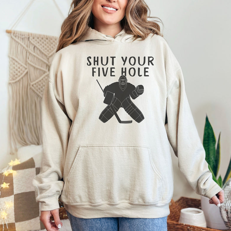 Personalized Hockey Goalie Hoodie, Ringette Goalie Gift, Unisex Hooded Sweatshirt for Women, Shut Your Five Hole Hoodie, Gift for Goalie