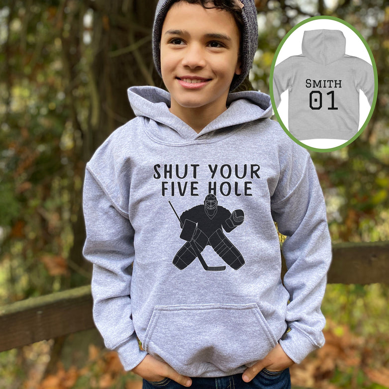 Funny Youth Hockey Goalie Hoodie - Shut Your Five Hole, Youth Hooded Sweatshirt, Ringette Goalie Sweater, Kids Ice Hockey Sweatshirt, Goalie