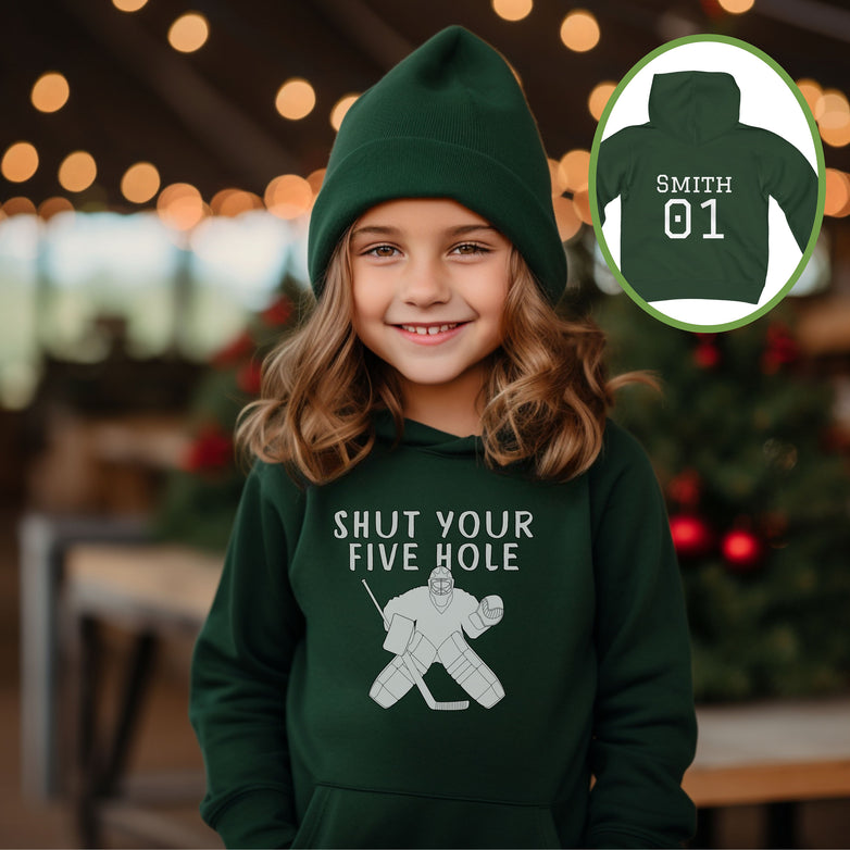 Funny Youth Hockey Goalie Hoodie - Shut Your Five Hole, Youth Hooded Sweatshirt, Ringette Goalie Sweater, Kids Ice Hockey Sweatshirt, Goalie