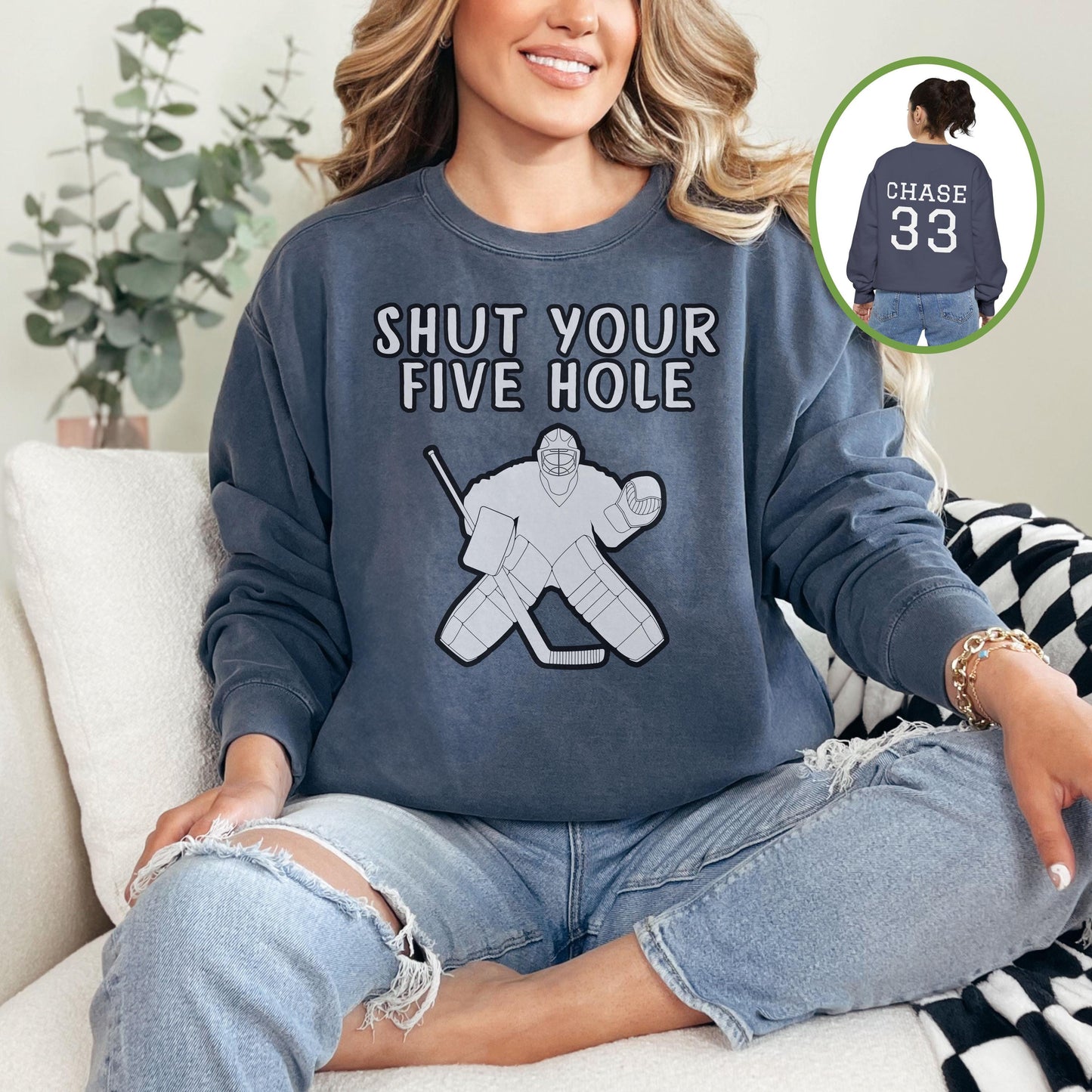 Personalized Hockey Goalie Sweatshirt,  Custom Funny Comfort Colors® Shut Your Five Hole Crewneck Sweater, Unisex Hockey Lover Goalie Gift