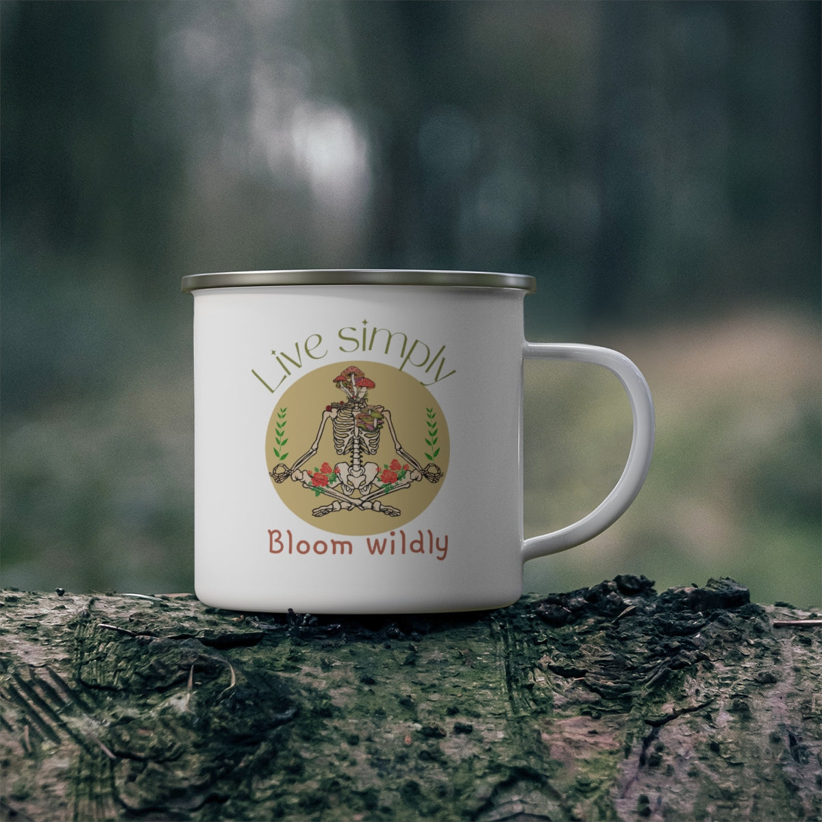 Live Simply Bloom Wildly Nature Lovers Skeleton Enamel Camping Mug