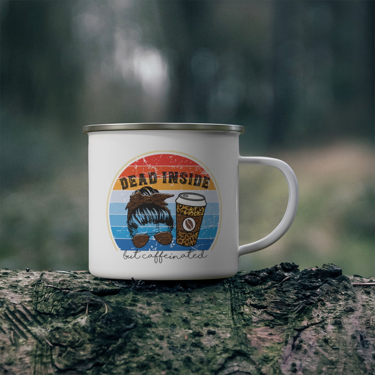 Dead Inside but Caffeinated Funny Enamel Camping Mug