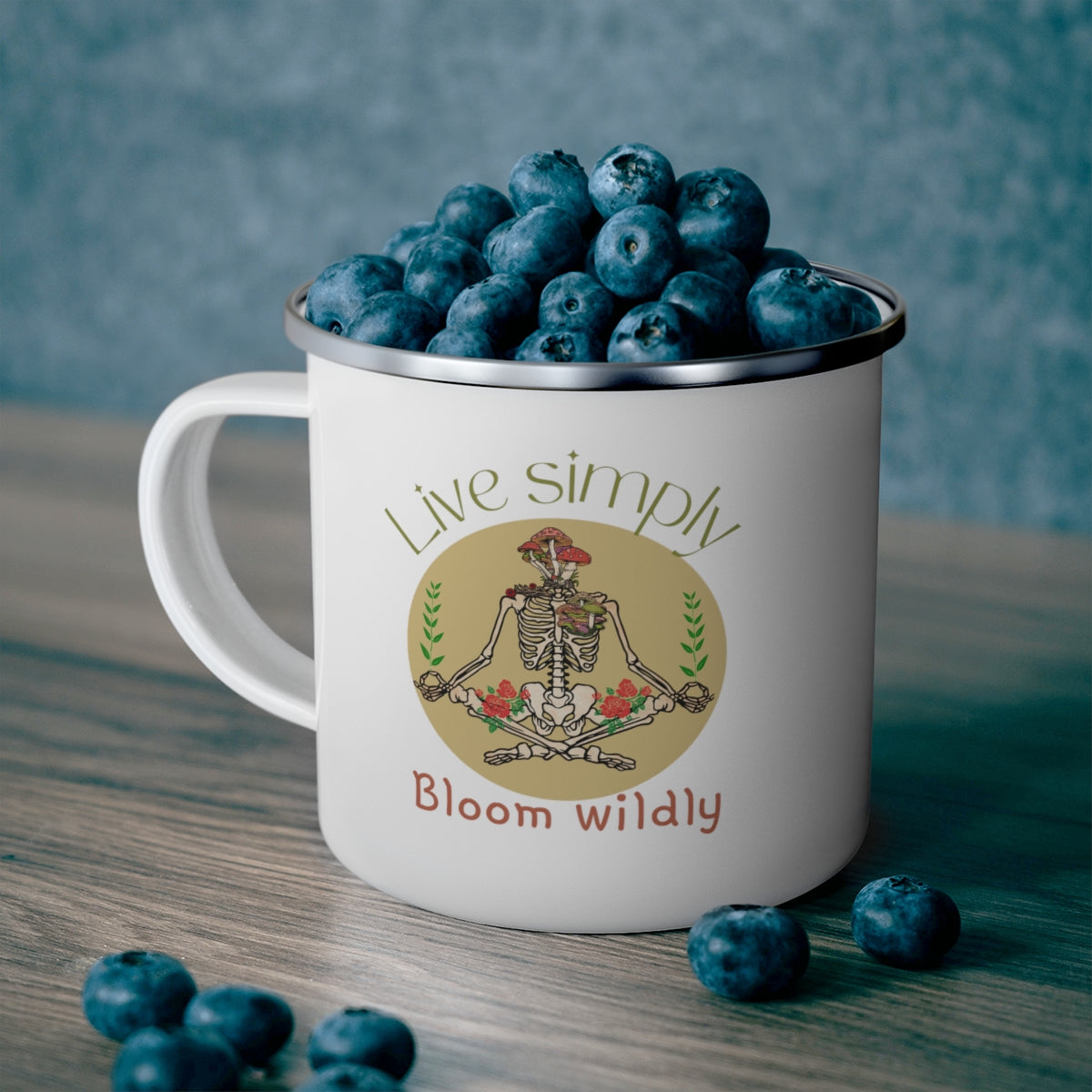 Live Simply Bloom Wildly Nature Lovers Skeleton Enamel Camping Mug