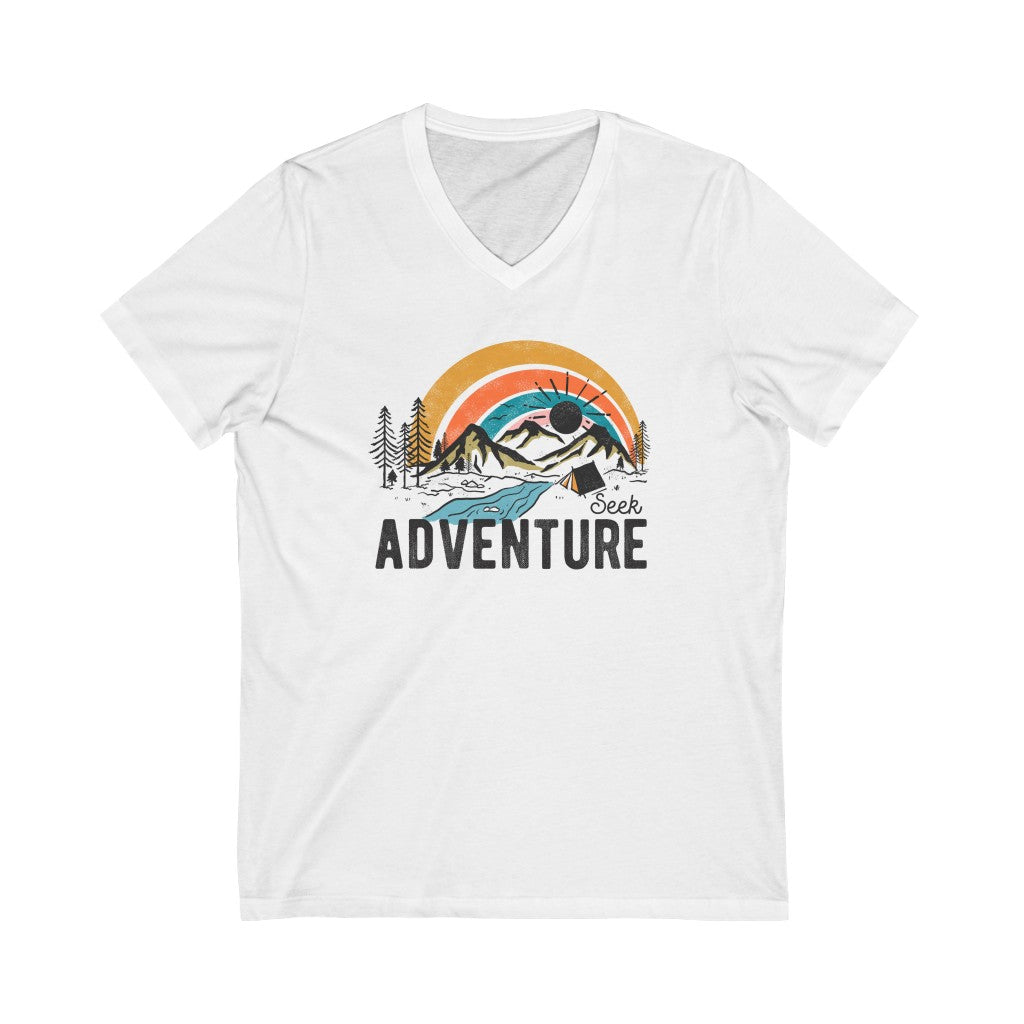 Seek Adventure Hiking Camping Lovers Unisex Jersey Short Sleeve V-Neck T-Shirts